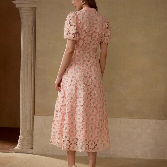 Pink Elegant Women's Floral Embroidered Puff Sleeve Fitted waist dress - Picture 7 of 7